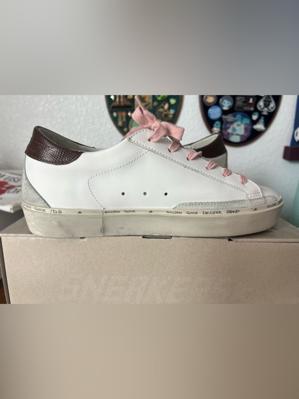 Golden Goose White Leather Sneakers with Pink Laces and Pink Glitter Star Accent - Picture 4 of 13